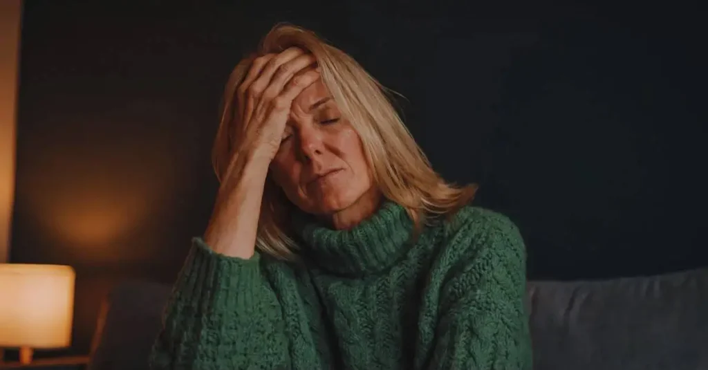 How long does menopause last? Woman holding her head