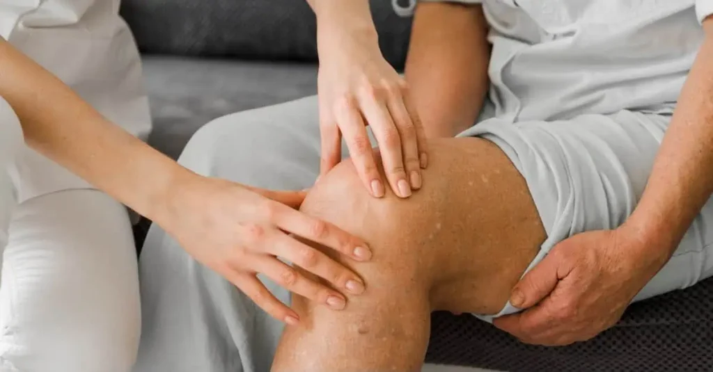 Man having his knee assessed for poor blood circulation