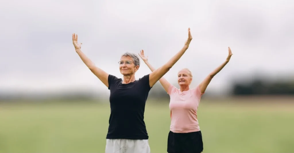 Two women doing stretches to support women’s health