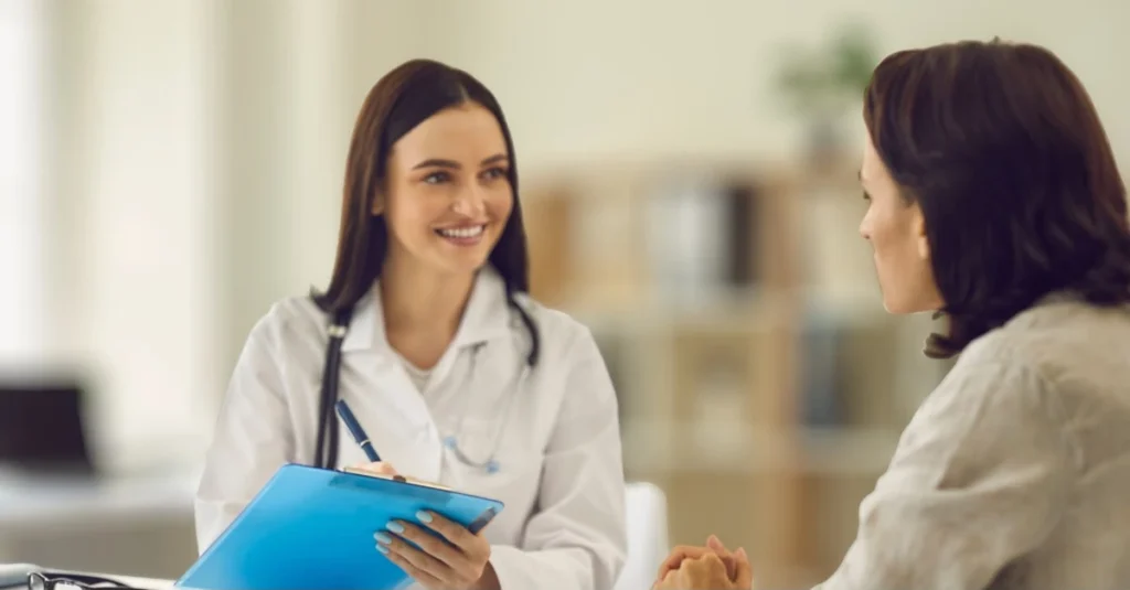 Women’s health consultation between a female doctor and an older woman