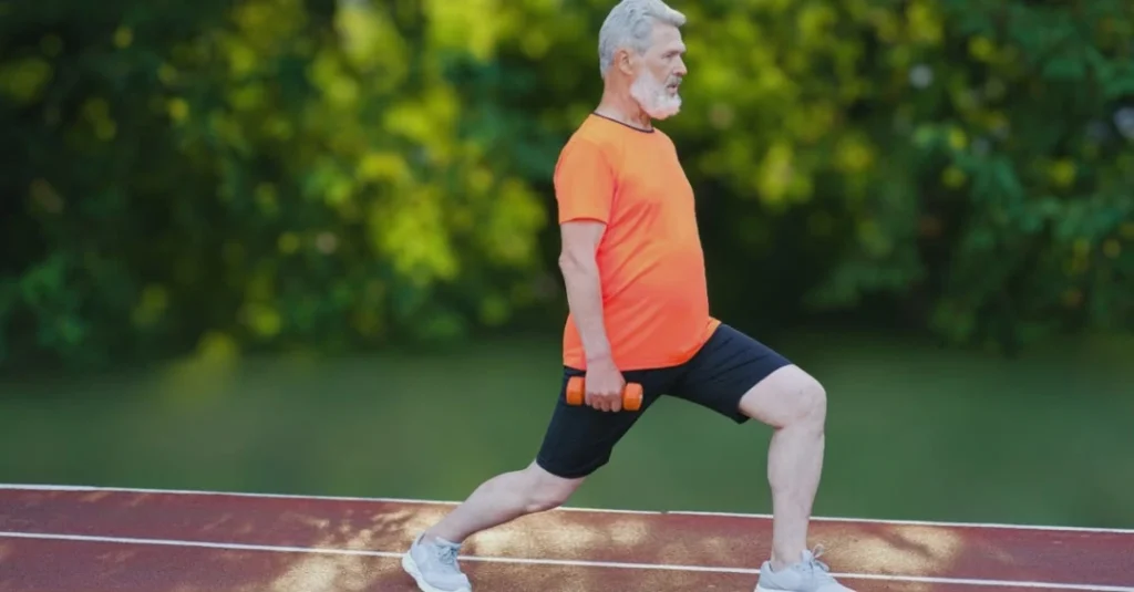 Elderly man performing lunges with light dumbbells to enjoy the benefits of physical activity
